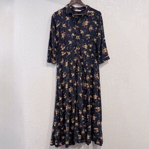 Fratini Floral Shirt Dress Navy Button Front Midi Fit & Flare Boho Size Large